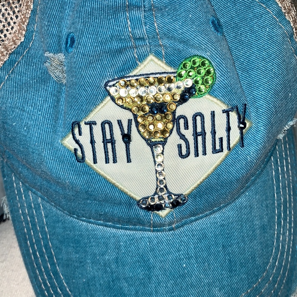 Stay Salty Mason Jar Label Distressed Blue Ball Cap Adult Adjustable Hat - Picture 2 of 8